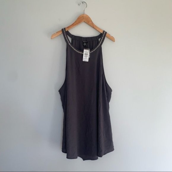 Torrid Sleeveless Blouse Size 5XL Grey Embellished Neck Crepe Halter Tank Top - Picture 2 of 6